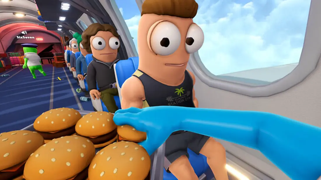 Blue hand offering a tray of burgers to a seated passenger in the cabin aisle
