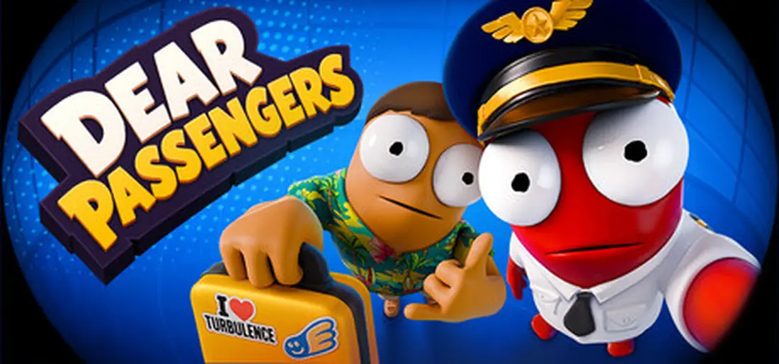 Dear Passengers logo beside a tropical shirt passenger and a red captain with a yellow suitcase