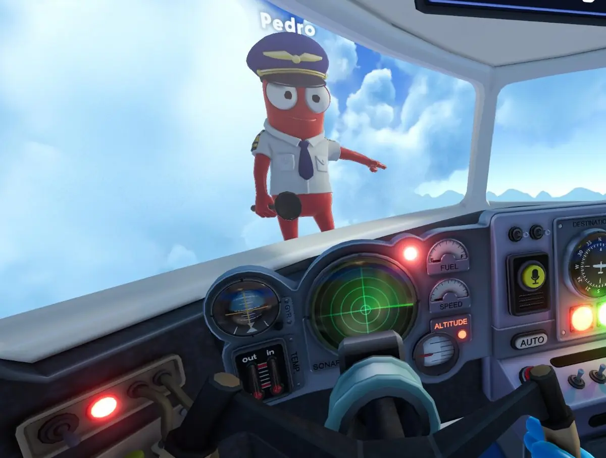Open aircraft door onto a purple blizzard as two captains slip outside on the ice